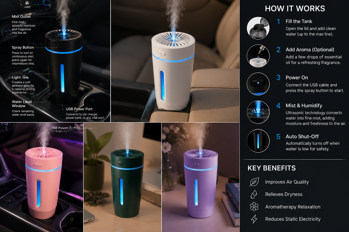 Portable USB Car Humidifier & Aroma Diffuser with LED Light