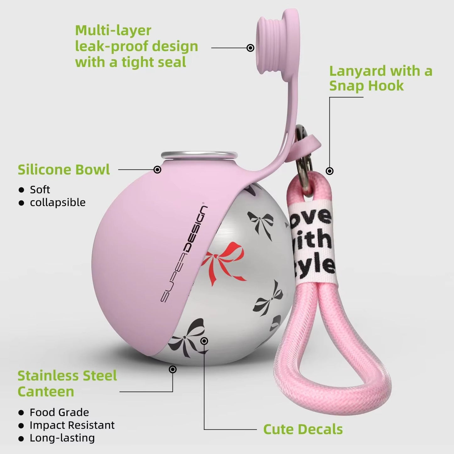 Super Design Spherical Water Bottle – Pastel Pink Bow Aesthetic
