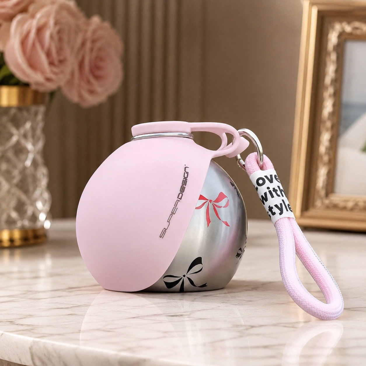 Super Design Spherical Water Bottle – Pastel Pink Bow Aesthetic
